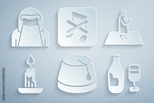 Set Turkish hat, Muslim man prays, Burning candle, Wine bottle with glass, Speaker mute and woman niqab icon. Vector
