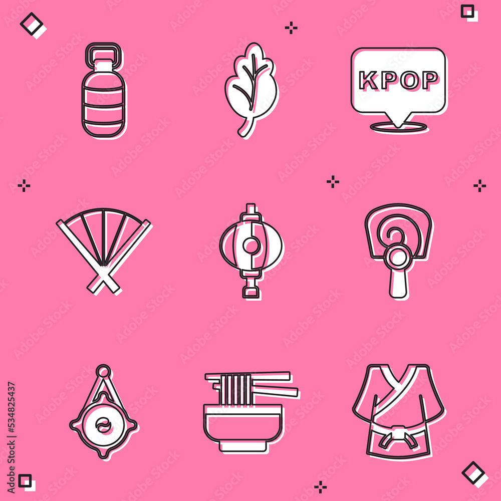 Set Korean lantern, Kimchi, K-pop, Traditional fan, hand, and Ramen icon. Vector Set Korean lantern, Kimchi, K-pop, Traditional fan, hand, and Ramen icon. Vector