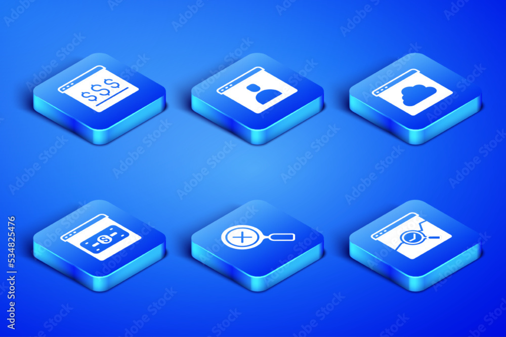Set Website with stocks market, Online shopping on screen, Magnifying glass and delete, Create account and Cloud technology data transfer icon. Vector Set Website with stocks market, Online shopping on screen, Magnifying glass and delete, Create account and Cloud technology data transfer icon. Vector