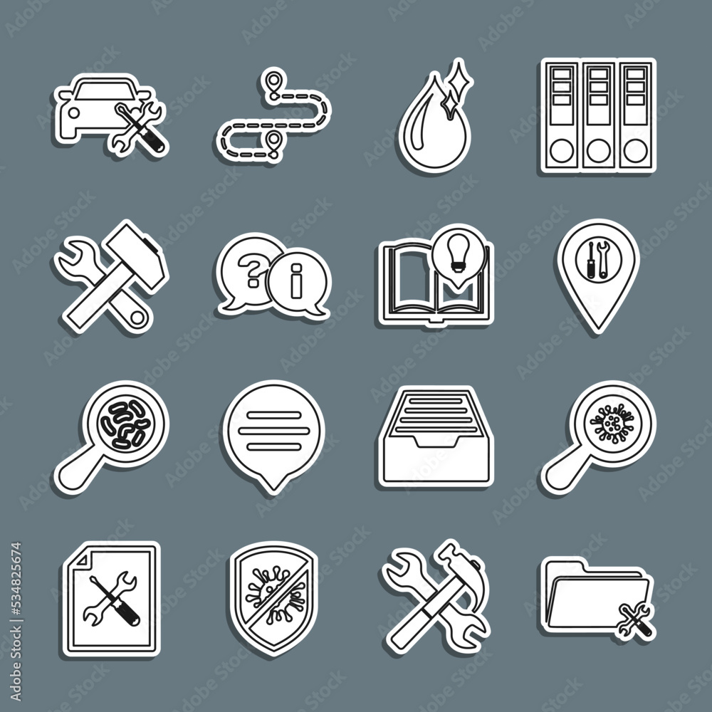 Set line Folder service, Microorganisms under magnifier, Location, Clean water drop, Question and Exclamation, Crossed hammer wrench, Car and Interesting facts icon. Vector Set line Folder service, Microorganisms under magnifier, Location, Clean water drop, Question and Exclamation, Crossed hammer wrench, Car and Interesting facts icon. Vector
