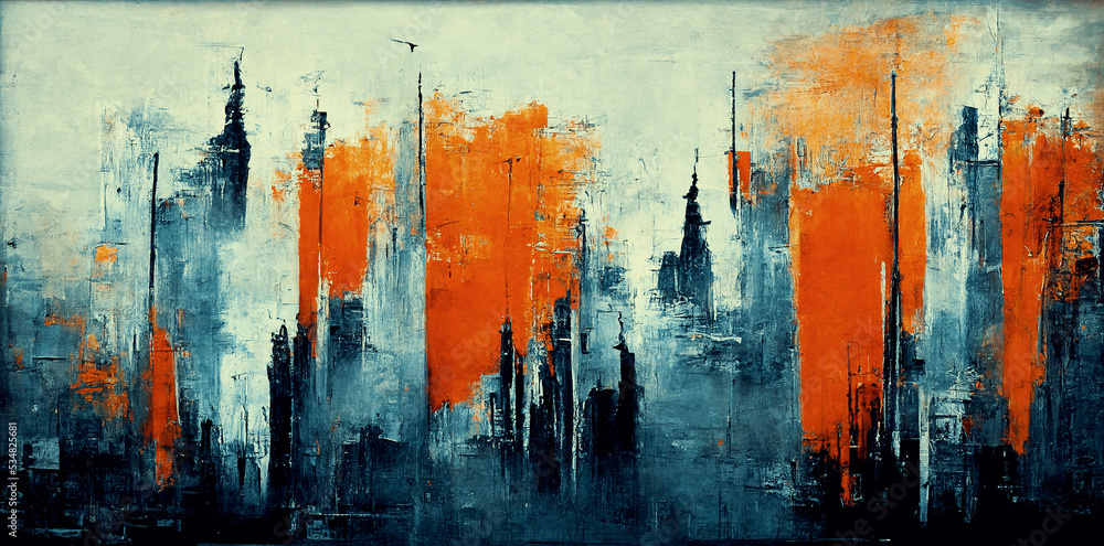 Spectacular watercolor painting of an abstract urban, cityscape, skyscraper scene in orange and teal, grayish smog. Double exposure building. Digital art 3D illustration. - obrazy, fototapety, plakaty 