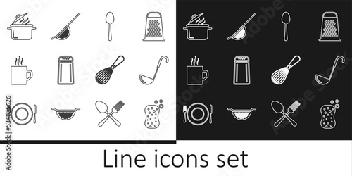 Set line Sponge with bubbles, Kitchen ladle, Spoon, Salt and pepper, Coffee cup, Cooking pot, whisk and colander icon. Vector