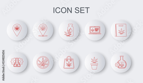 Set line Test tube with marijuana, Marijuana or cannabis leaf oil, plant in pot, Location and, Stop and Shopping bag of icon. Vector