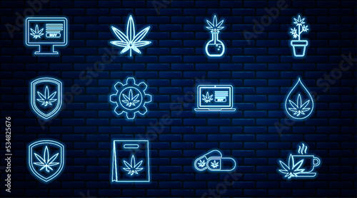 Set line Cup tea with marijuana, Marijuana or cannabis leaf oil, Test tube, Shield and, Online buying, and icon. Vector