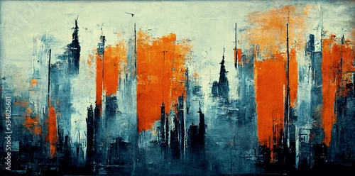 Panel kuchenny z motywem Spectacular watercolor painting of an abstract urban, cityscape, skyscraper scene in orange and teal, grayish smog. Double exposure building. Digital art 3D illustration.