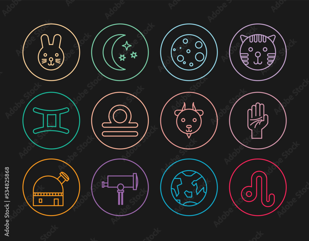 Set line Leo zodiac, Palmistry of the hand, Moon, Libra, Gemini, Rabbit, Aries and stars icon. Vector Set line Leo zodiac, Palmistry of the hand, Moon, Libra, Gemini, Rabbit, Aries and stars icon. Vector