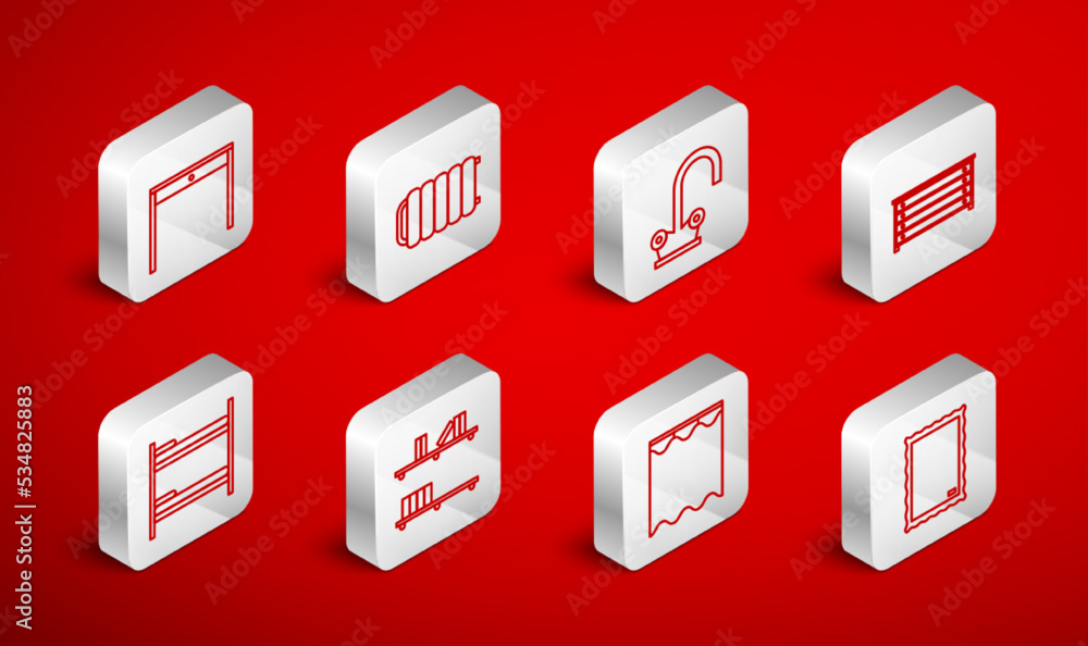 Set line Picture, Heating radiator, Water tap, Chest of drawers, Curtains, Wooden table, Shelf with books and Bunk bed icon. Vector Set line Picture, Heating radiator, Water tap, Chest of drawers, Curtains, Wooden table, Shelf with books and Bunk bed icon. Vector