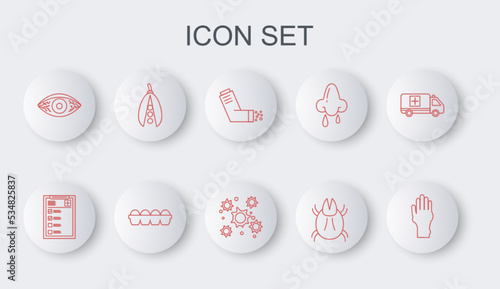 Set line Hand with psoriasis or eczema, Clinical record, Inhaler, Parasite mite, Reddish eye allergic conjunctivitis, Kidney beans, Chicken egg box and Bacteria icon. Vector
