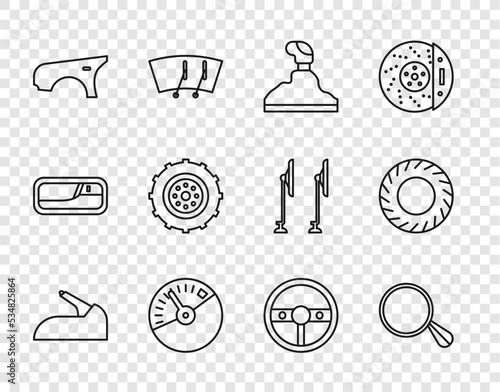 Set line Car handbrake, mirror, Gear shifter, Speedometer, fender, wheel, Steering and tire icon. Vector