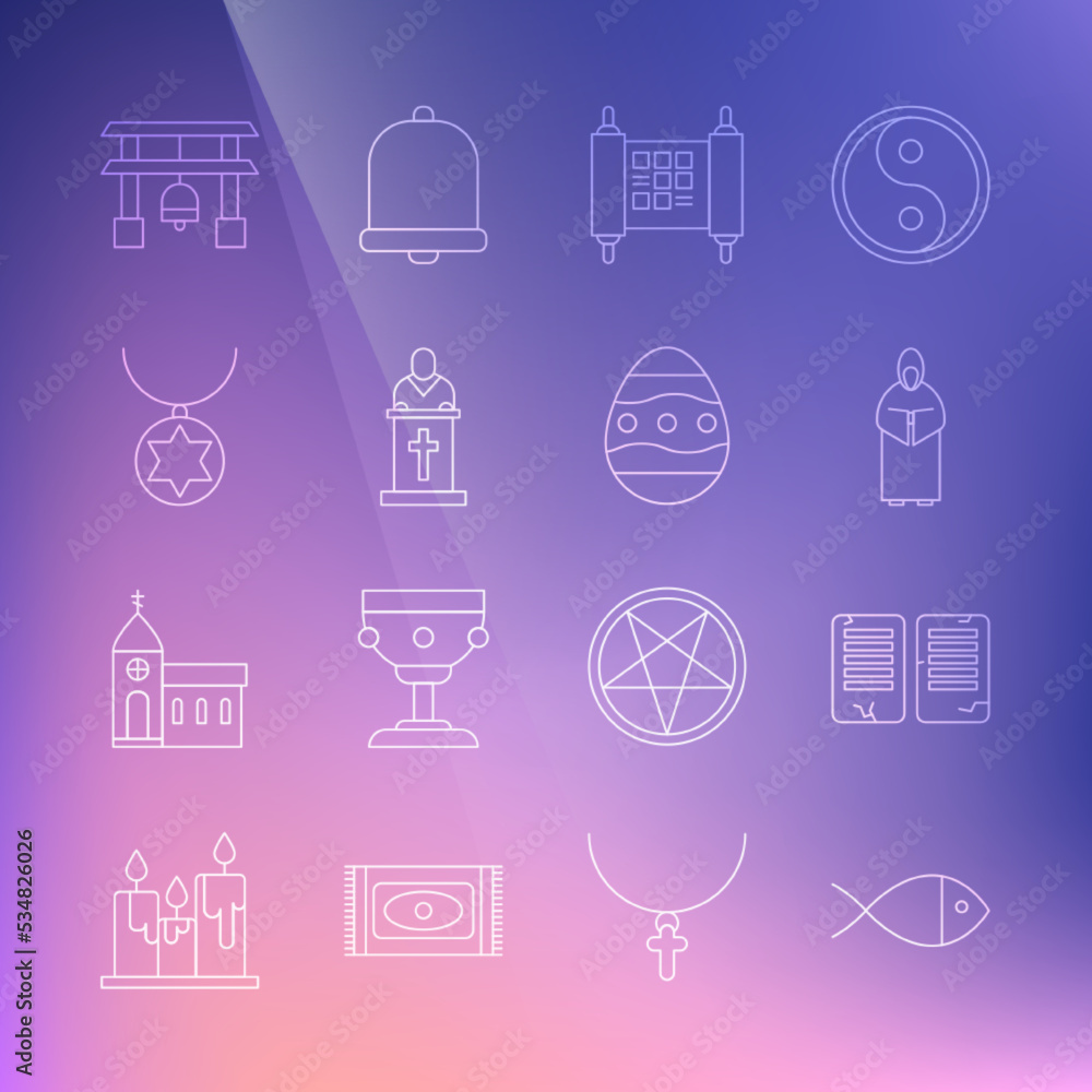 Set line Christian fish, The commandments, Monk, Decree, paper, parchment, scroll, Church pastor preaching, Star of David necklace chain, Japan Gate and Easter egg icon. Vector Set line Christian fish, The commandments, Monk, Decree, paper, parchment, scroll, Church pastor preaching, Star of David necklace chain, Japan Gate and Easter egg icon. Vector
