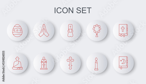 Set line Holy book of Koran, Buddhist monk, Priest, Burning candle, Easter egg, Hands praying position, Church pastor preaching and Christian cross icon. Vector