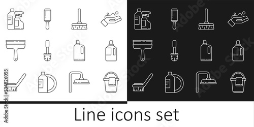 Set line Bucket with rag, Fabric softener, Handle broom, Toilet brush, Rubber cleaner for windows, Bottles cleaning agent, and Adhesive roller icon. Vector