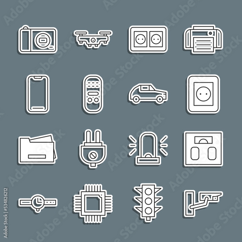 Set line Security camera, Bathroom scales, Electrical outlet, Remote control, Smartphone, Photo and Car icon. Vector