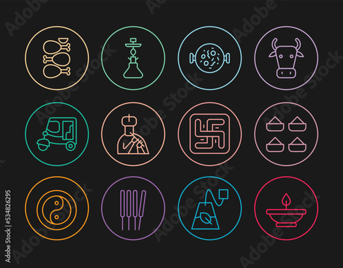 Set line Aroma lamp, Indian spice, Chicken tikka masala, man plays flute, Taxi tuk tuk, Tandoori chicken, Hindu swastika and Hookah icon. Vector