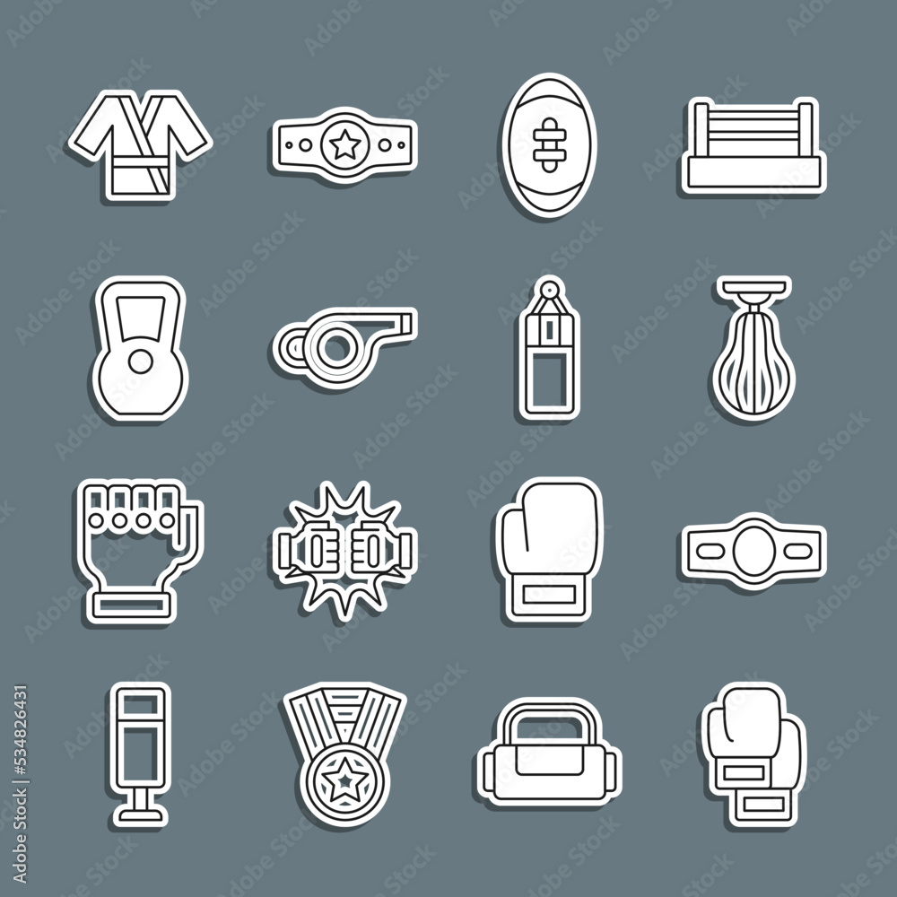 Set line Boxing glove, belt, Punching bag, American Football ball, Whistle, Kettlebell, Japanese costume Kimono and icon. Vector Set line Boxing glove, belt, Punching bag, American Football ball, Whistle, Kettlebell, Japanese costume Kimono and icon. Vector