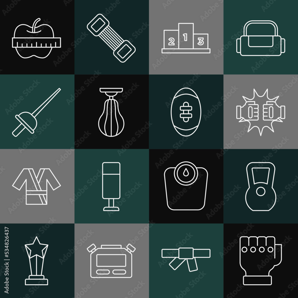 Set line MMA glove, Kettlebell, Punch in boxing gloves, Award over sports winner podium, Punching bag, Fencing, Apple and measuring tape and American Football ball icon. Vector Set line MMA glove, Kettlebell, Punch in boxing gloves, Award over sports winner podium, Punching bag, Fencing, Apple and measuring tape and American Football ball icon. Vector