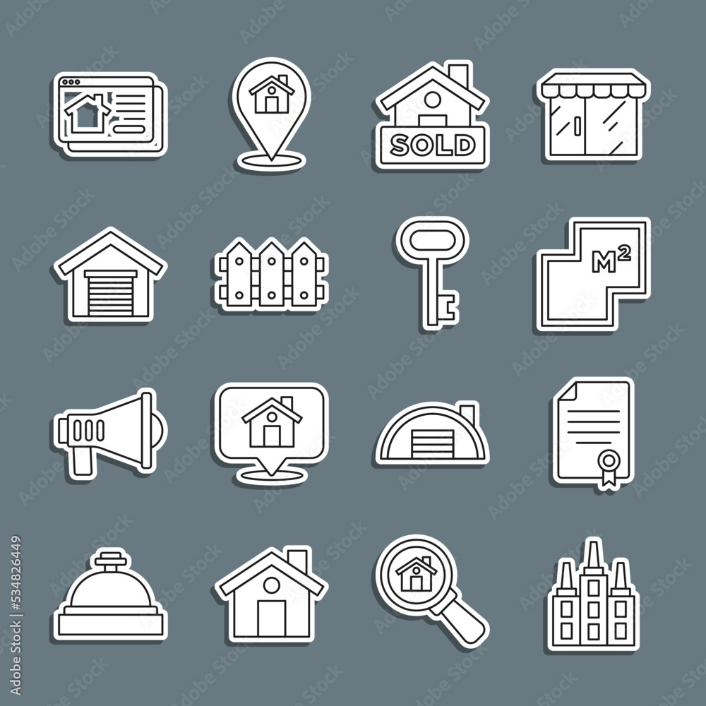 Set line Skyscraper, House contract, plan, Hanging sign with text Sold, Garden fence wooden, Garage, Online real estate house and key icon. Vector Set line Skyscraper, House contract, plan, Hanging sign with text Sold, Garden fence wooden, Garage, Online real estate house and key icon. Vector