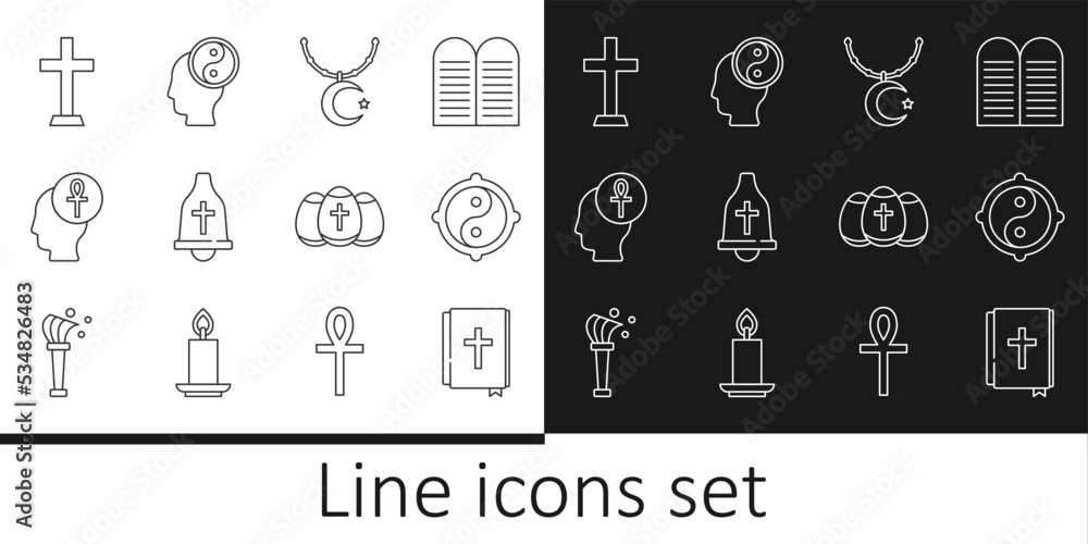Set line Holy bible book, Yin Yang, Star and crescent on chain, Church bell, Cross ankh, Christian cross, Easter egg and icon. Vector