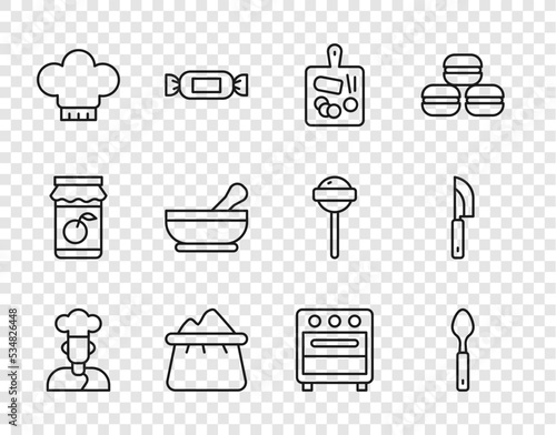 Set line Cook, Spoon, Cutting board, Bag of flour, Chef hat, Mortar and pestle, Oven and Knife icon. Vector