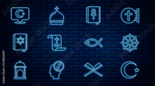 Set line Star and crescent, Dharma wheel, Cross ankh book, Decree, paper, parchment, scroll, Jewish torah, Christian fish and Church tower icon. Vector