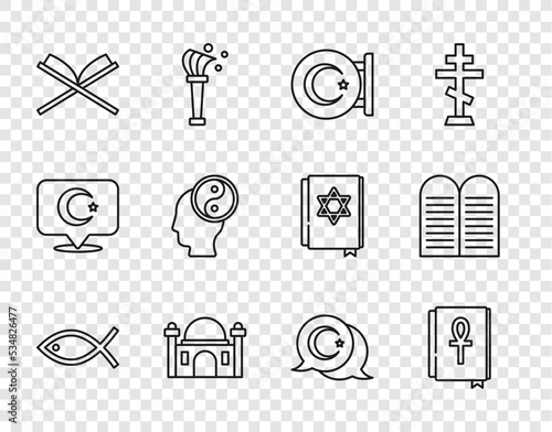 Set line Christian fish, Cross ankh book, Star and crescent, Muslim Mosque, Holy of Koran, Yin Yang, and The commandments icon. Vector