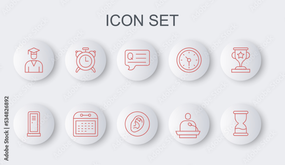 Set line Old hourglass, Locker or changing room, Speech bubbles with Question, Gives lecture, Graduate and graduation cap, Alarm clock, Calendar and Ear listen sound signal icon. Vector Set line Old hourglass, Locker or changing room, Speech bubbles with Question, Gives lecture, Graduate and graduation cap, Alarm clock, Calendar and Ear listen sound signal icon. Vector
