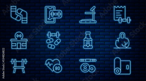 Set line Fitness mat roll, Broken weight, Treadmill machine, Sports doping with dumbbell, Gym building, Socks, Vitamins and app icon. Vector