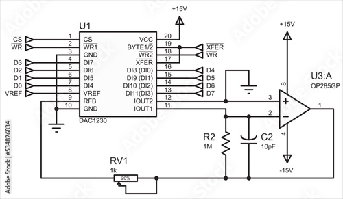 Vector electrical circuit with operational amplifier, resistor, capacitor, digital to analog converter.