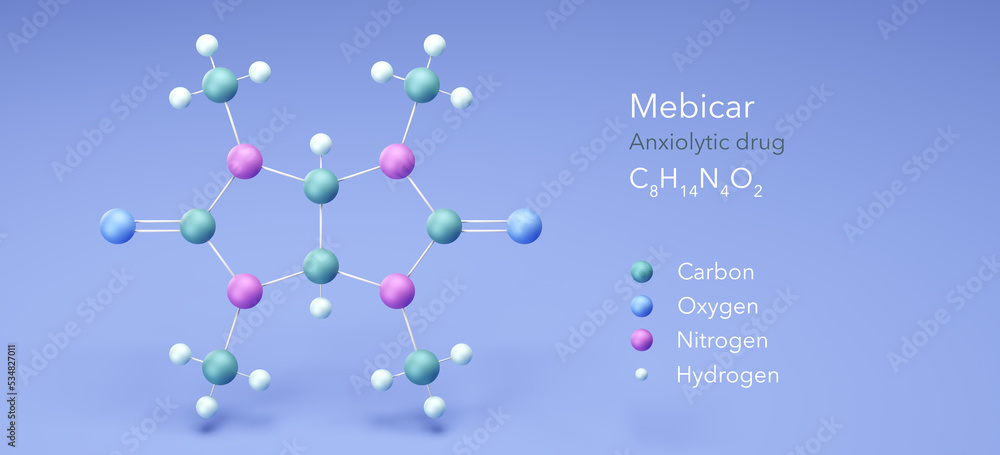 mebicar, molecular structures, Anxiolytic drug, 3d model, Structural Chemical Formula and Atoms with Color Coding mebicar, molecular structures, Anxiolytic drug, 3d model, Structural Chemical Formula and Atoms with Color Coding
