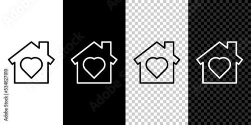 Set line House with heart inside icon isolated on black and white background. Love home symbol. Family, real estate and realty. Vector.