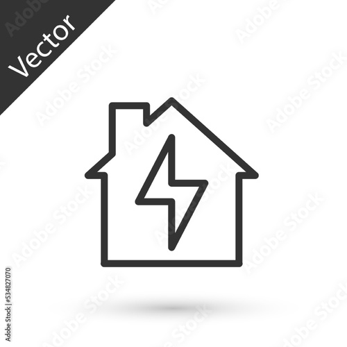 Grey line House and lightning icon isolated on white background. Home energy. Vector