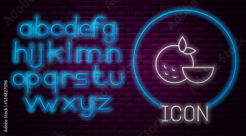 Glowing neon line Orange fruit icon isolated on brick wall background. Neon light alphabet. Vector