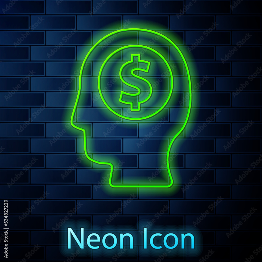 Glowing neon line Business man planning mind icon isolated on brick wall background. Human head with dollar. Idea to earn money. Business investment growth. Vector Glowing neon line Business man planning mind icon isolated on brick wall background. Human head with dollar. Idea to earn money. Business investment growth. Vector