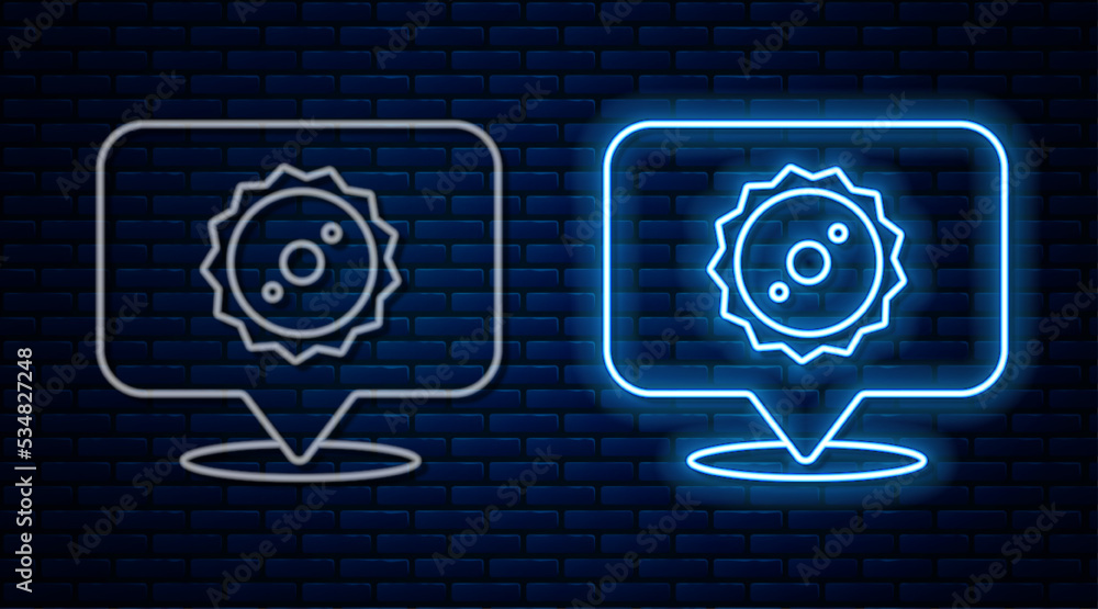 Glowing neon line Circular saw blade icon isolated on brick wall background. Saw wheel. Vector Glowing neon line Circular saw blade icon isolated on brick wall background. Saw wheel. Vector