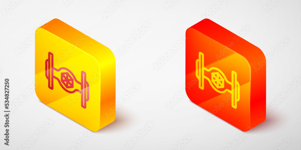 Isometric line Cosmic ship icon isolated on grey background. Yellow and orange square button. Vector Isometric line Cosmic ship icon isolated on grey background. Yellow and orange square button. Vector