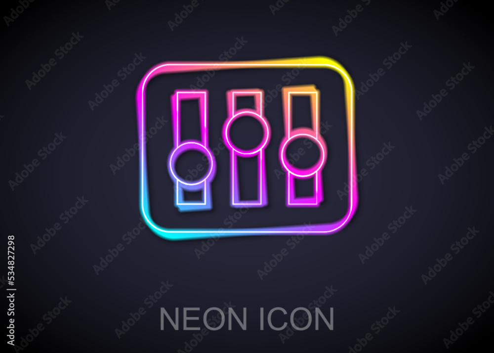 Glowing neon line Sound mixer controller icon isolated on black background. Dj equipment slider buttons. Mixing console. Vector Glowing neon line Sound mixer controller icon isolated on black background. Dj equipment slider buttons. Mixing console. Vector