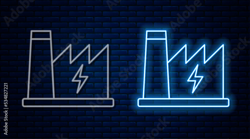 Glowing neon line Nuclear power plant icon isolated on brick wall background. Energy industrial concept. Vector