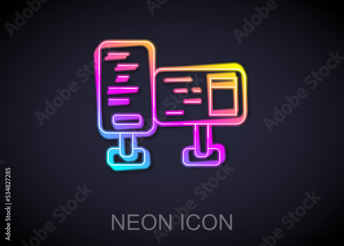 Glowing neon line Computer monitor screen icon isolated on black background. Electronic device. Front view. Vector