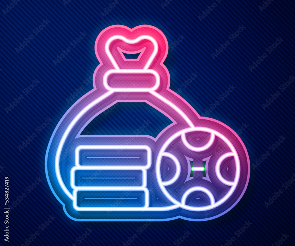 Glowing neon line Money bag icon isolated on blue background. Dollar or USD symbol. Cash Banking currency sign. Vector Glowing neon line Money bag icon isolated on blue background. Dollar or USD symbol. Cash Banking currency sign. Vector