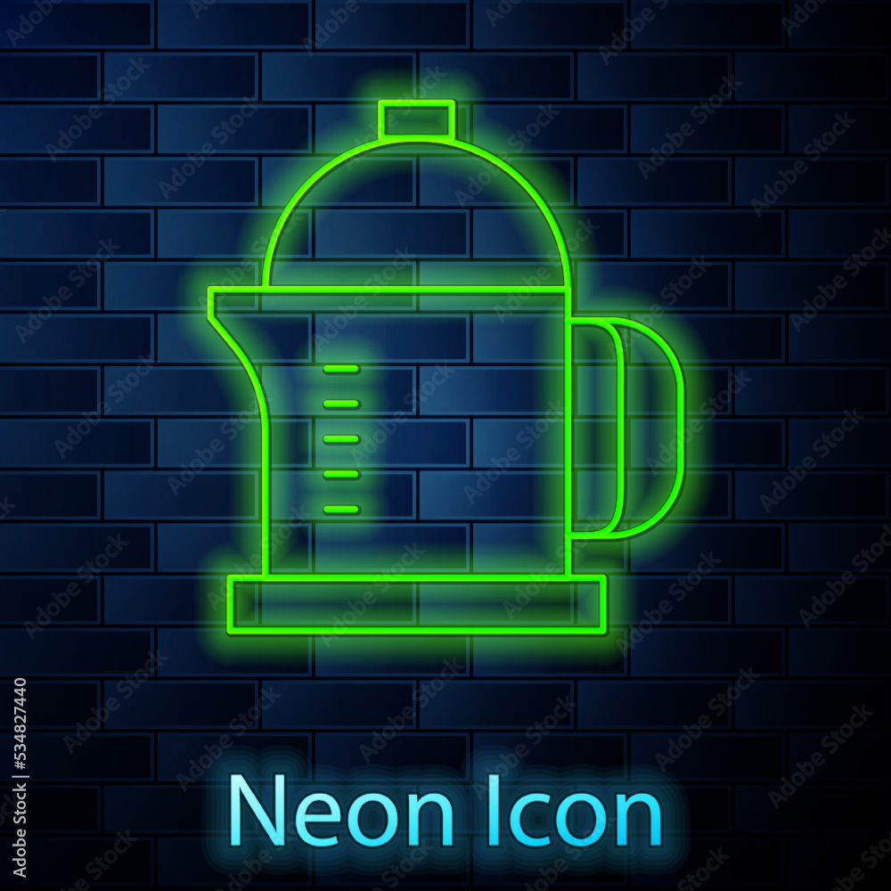 Glowing neon line French press icon isolated on brick wall background. Vector Glowing neon line French press icon isolated on brick wall background. Vector