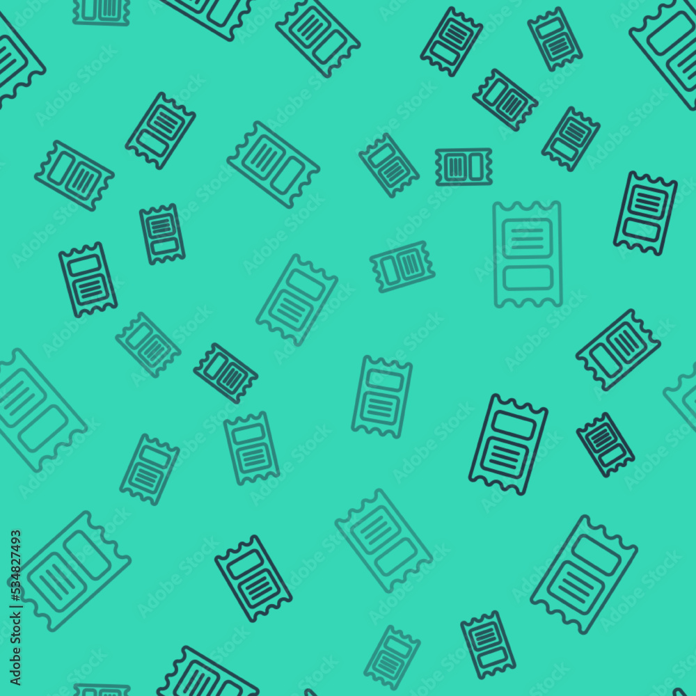 Black line Circus ticket icon isolated seamless pattern on green background. Amusement park. Vector Black line Circus ticket icon isolated seamless pattern on green background. Amusement park. Vector