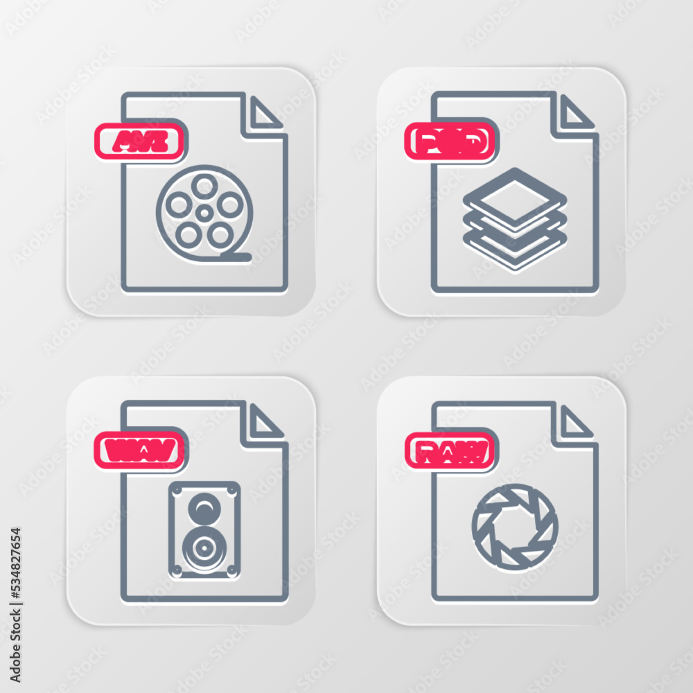 Set line RAW file document, WAV, PSD and AVI icon. Vector Set line RAW file document, WAV, PSD and AVI icon. Vector