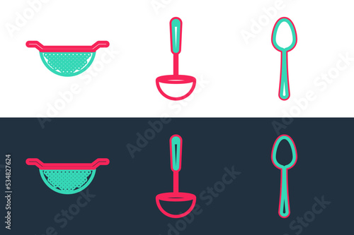 Set line Spoon, Kitchen colander and ladle icon. Vector