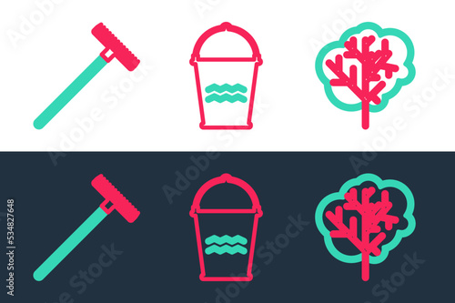 Set line Tree, Garden rake and Bucket icon. Vector