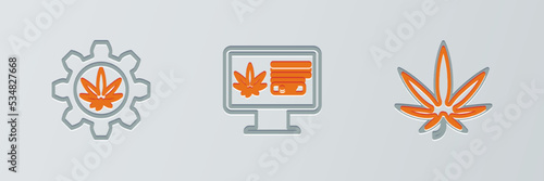 Set line Marijuana or cannabis leaf, Test tube with marijuana and Online buying icon. Vector