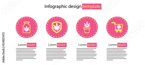 Set line Marijuana plant in pot, Shopping cart with marijuana, Shield and and Medical bottle icon. Vector