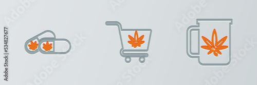 Set line Cup tea with marijuana, Medical pills and Shopping cart icon. Vector