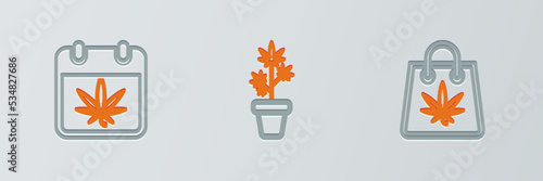 Set line Shopping bag of marijuana, Calendar and and Marijuana plant pot icon. Vector
