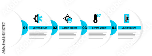 Set line Meteorology thermometer, UV protection and Sun and snowflake icon. Vector