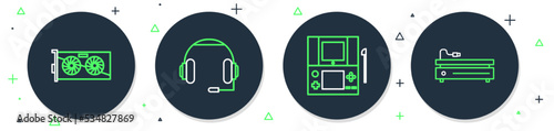 Set line Headphones, Portable video game console, Video graphic card and icon. Vector